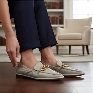 Tory Burch Jessa Cream and Gold Loafers with Chain Accent